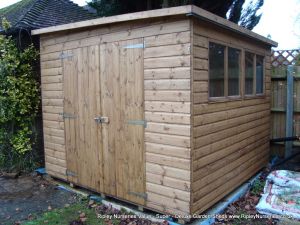 Deluxe Pent 10x9, reverse roof slope and Double Doors.