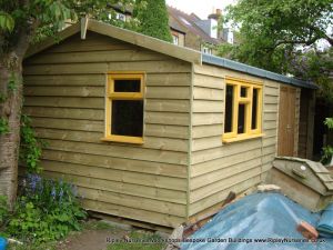 Heavy Duty Workshop 22x10, Featheredge Cladding, Joinery Windows and Open Fronted Storage Area.