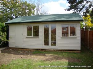 Heavy Duty Workshop Bespoke 21x14, Green Facia & Soffit Felt Tiled Roof, Double Glazed Windows & French Doors, Shed Compartment, Painted Finish, T&Gv Lined & Insulated.