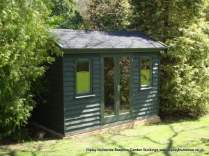 Heavy Duty Workshop Bespoke 12x7, Featheredge Cladding, French Doors, Double glazed Joinery Windows, Facia's & Soffit's, Felt Tiled Roof and Topiary Green Finish.