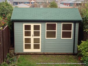 Heavy Duty Workshop Bespoke 13x10, Richmond Doors, Sash Windows, Felt Tiled Roof and WildThyme Finish.