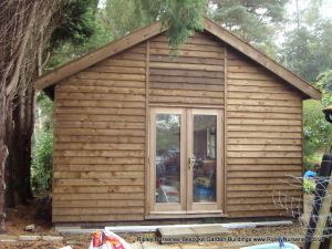Heavy Duty Workshop Bespoke 24x16, Stained Featheredge Cladding and French Doors.