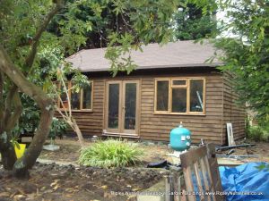 Heavy Duty Workshop Bespoke 24x16, Extra Height, Featheredge Cladding with Chestnut Stain, Double French Doors, Double Glazed Joinery Windows, Facia's & Soffit's, Felt Tiled Roof and Guttering.