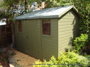 Deluxe Apex 10x6, Windows and Door under eaves, Old English Green Finish.