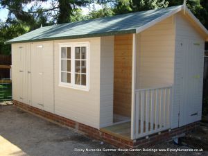 Deluxe Apex Bespoke 18x9, Extra Doors, Customers own Window, Corner Porch Area, Felt Tiled Roof and Natural Stone Finish.