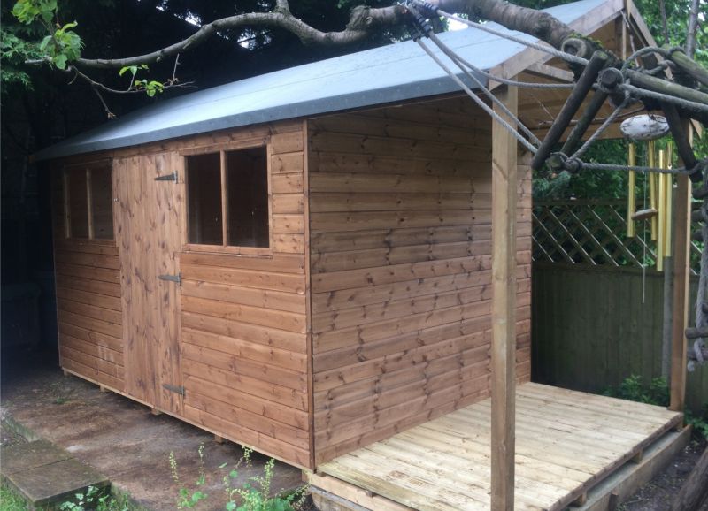 Deluxe Apex 12×8 with 4×8 Roof Canopy on Support Posts & Decking Floor with Extra Height